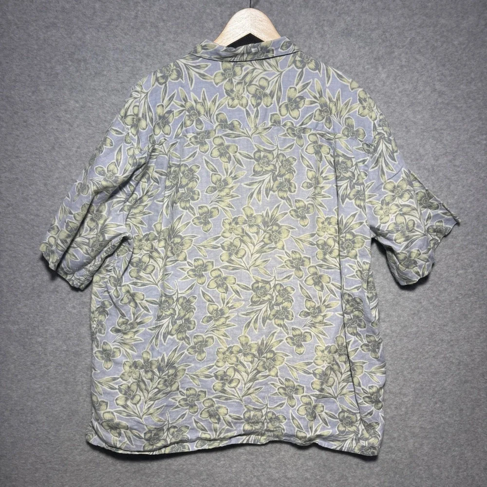Pusser's Island Style Men Large Floral Linen Short Sleeve Button Up Shirt Blue